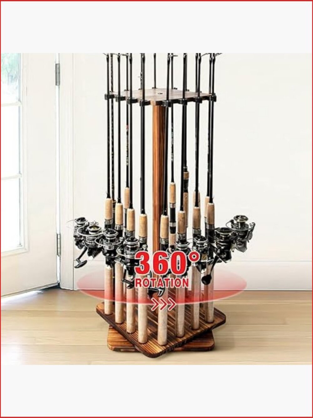 360 Degree Rotating Fishing Rod Rack Floor Stand Holds 16 Rods Wood Storage